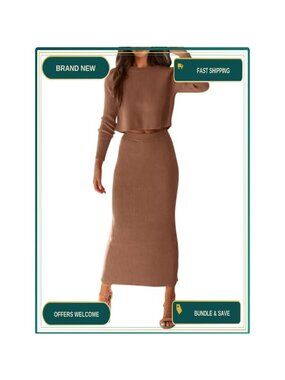 Rib Knit 2 Piece Sweater Set Crop Top Maxi Bodycon Skirt Outfit